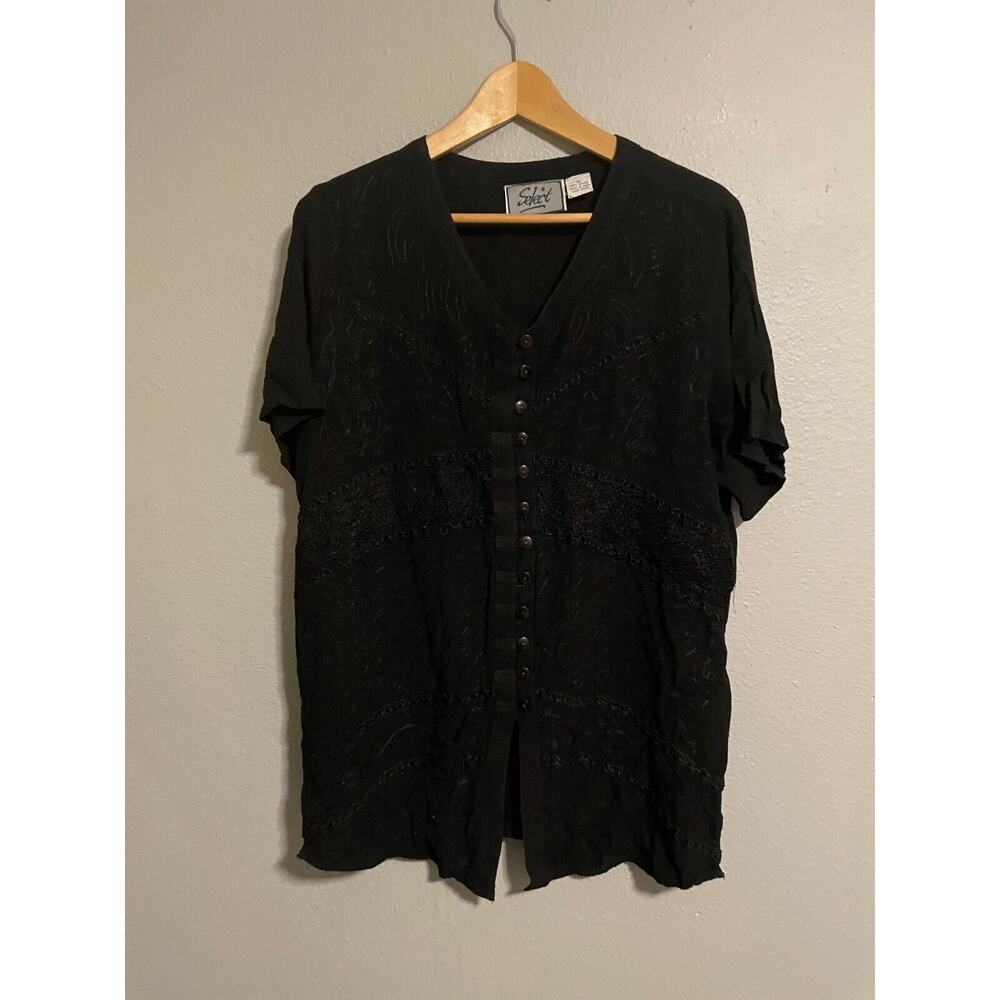 Vintage Select Womens Tunic 1X Black Rayon Geometric Embroidered Button Up Boho